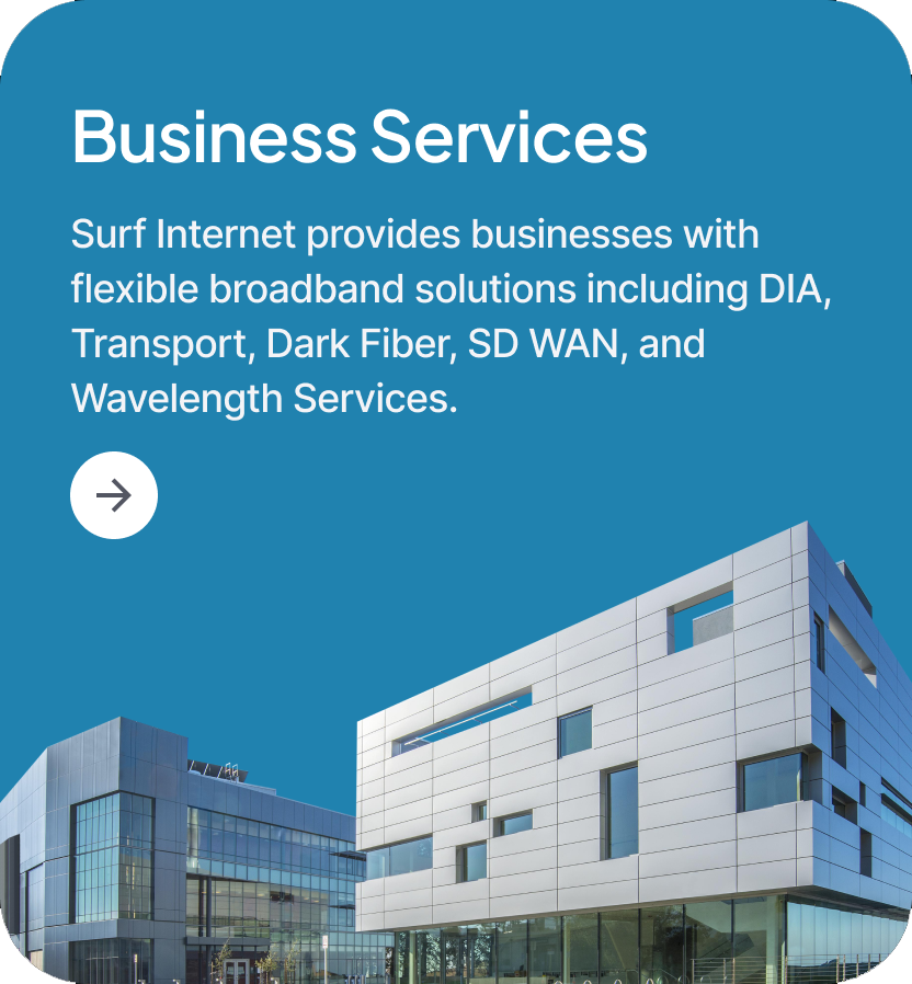 Surf Internet provides businesses with flexible internet solutions including DIA, Transport, Dark Fiber, SD WAN, and Wavelength Services.