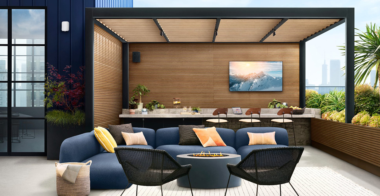 Rooftop deck with eero Outdoor 7 mounted on the wall