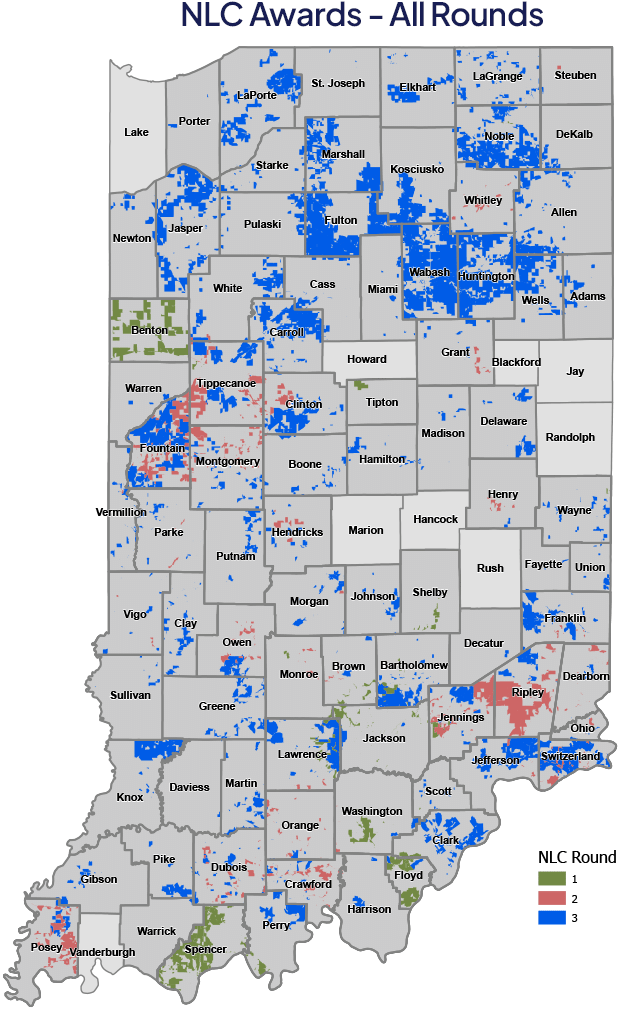Map of Indiana Counties indicating areas granted awards by NLC